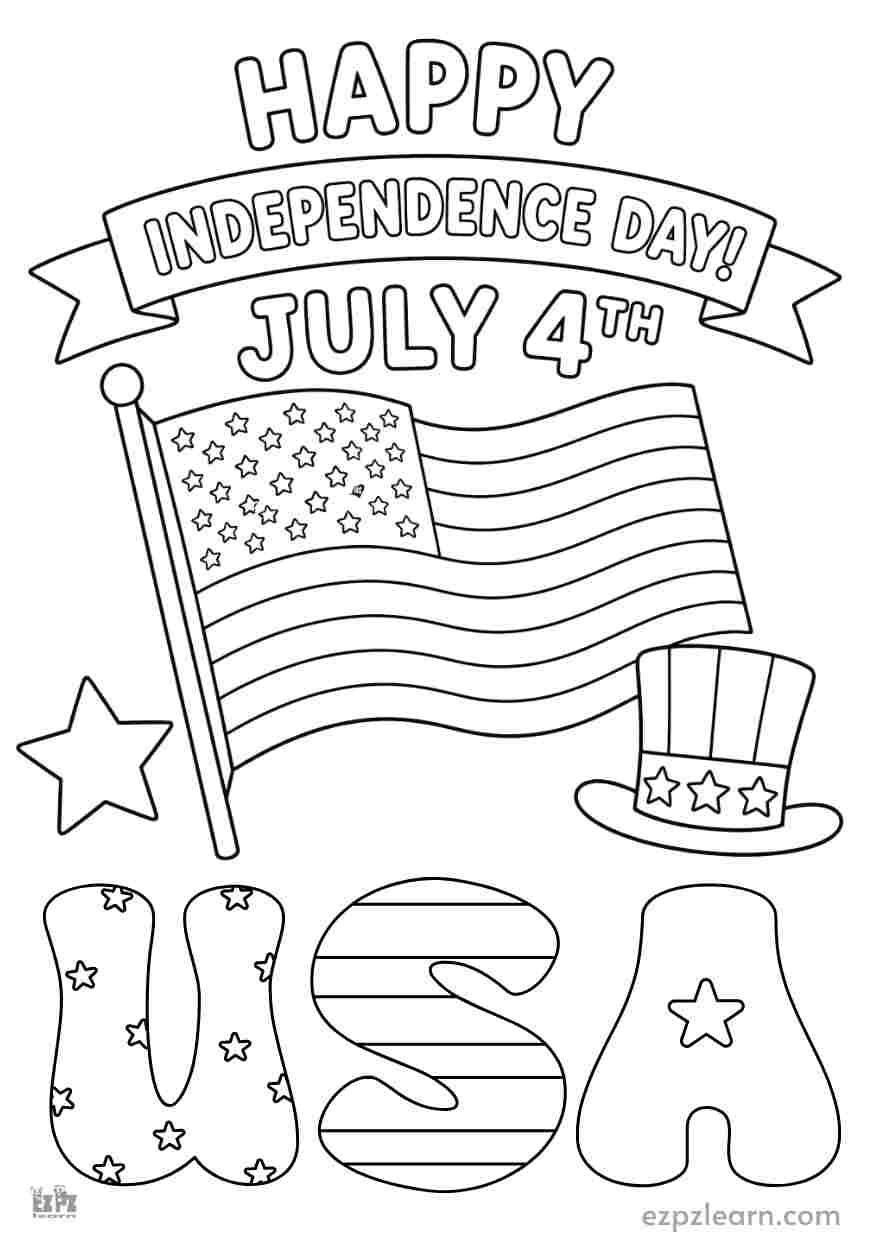 American flag and top hat Independence Day Fourth of July Coloring